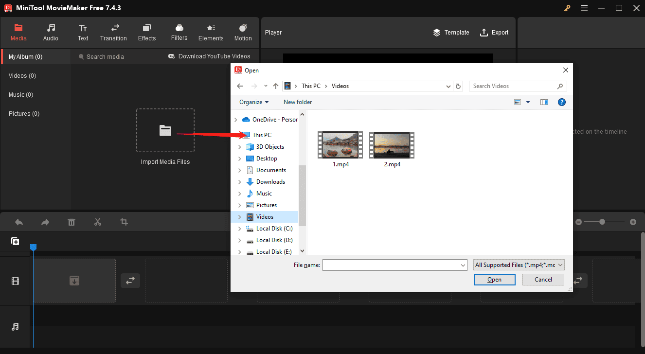 Click Import Media Files to open videos into MiniTool MovieMaker