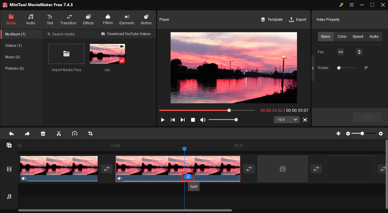 Click the scissors icon to split the video in MiniTool MovieMaker