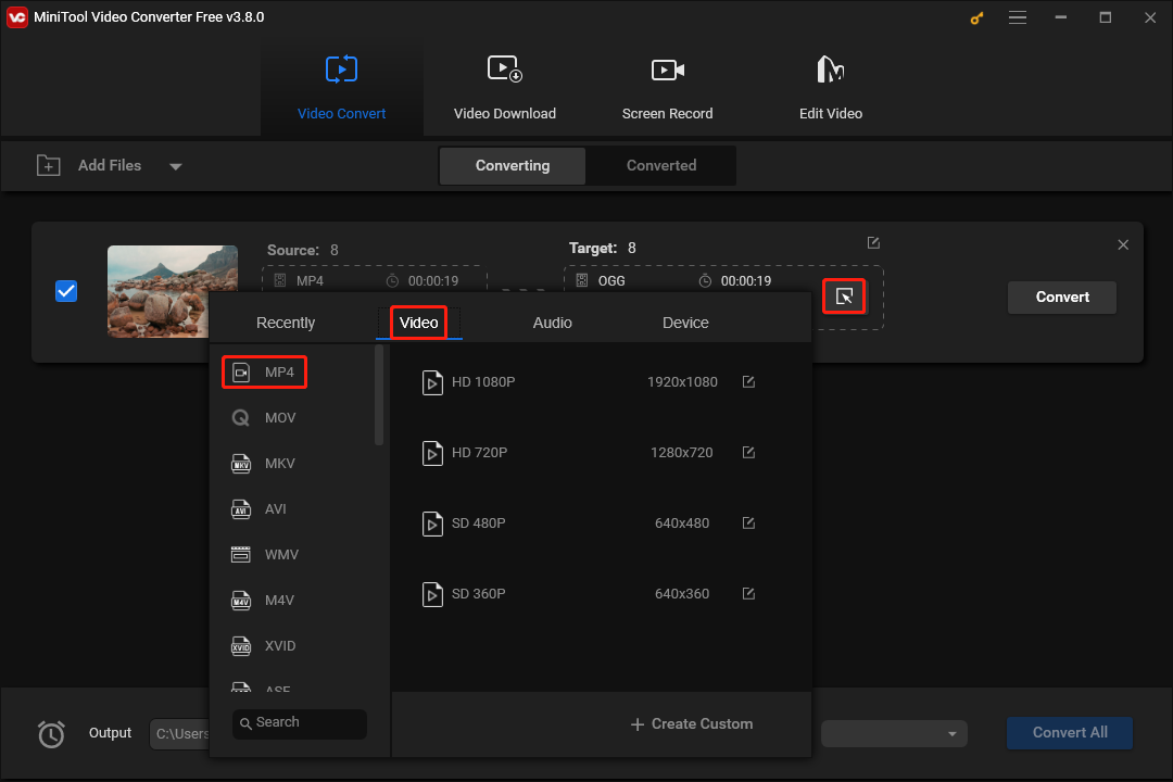 Select MP4 in MiniTool Video Converter