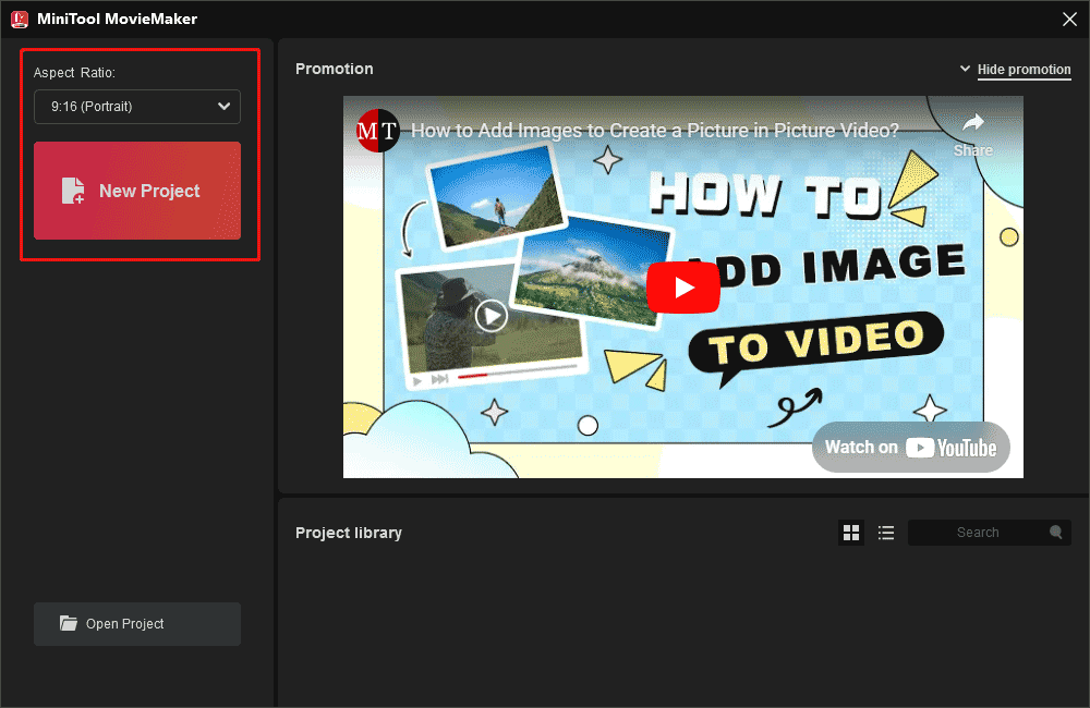 MiniTool MovieMakerで「New Project」ボタンをクリックして新規プロジェクトを作成