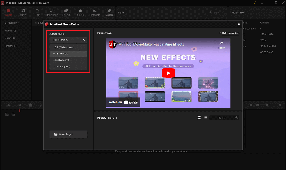 Select an aspect ratio before creating a video in MiniTool MovieMaker