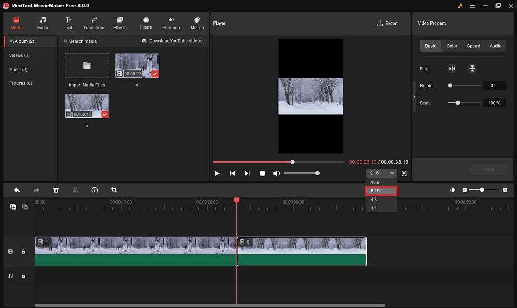 Change aspect ratio from the Player section in MiniTool MovieMaker