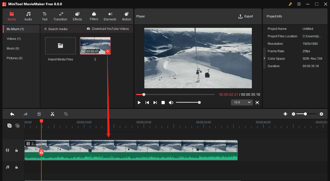 Click the + icon on the video to add it to the timeline in MiniTool MovieMaker