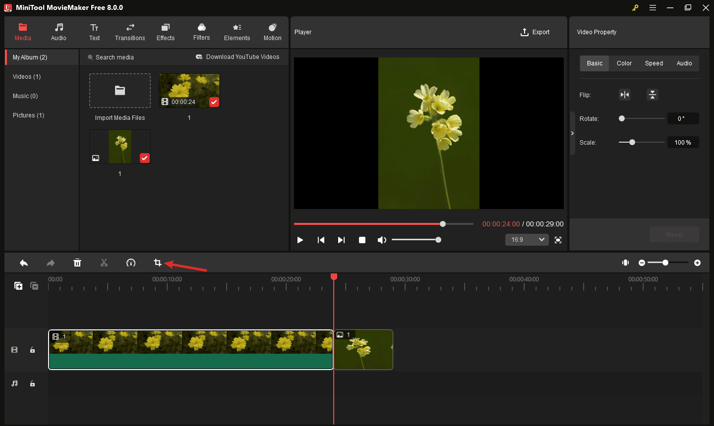 Select the crop icon in MiniTool MovieMaker