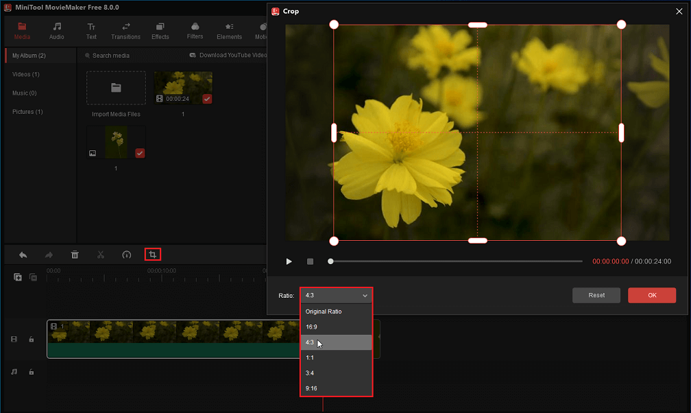 Crop a video with a preset aspect ratio in MiniTool MovieMaker