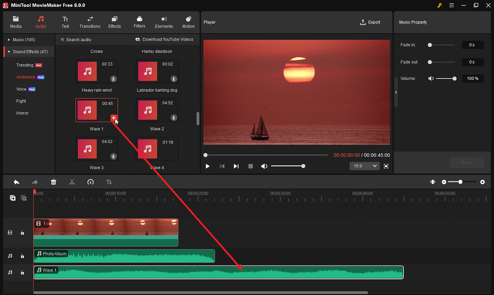 Add built-in audio to timeline in MiniTool MovieMaker