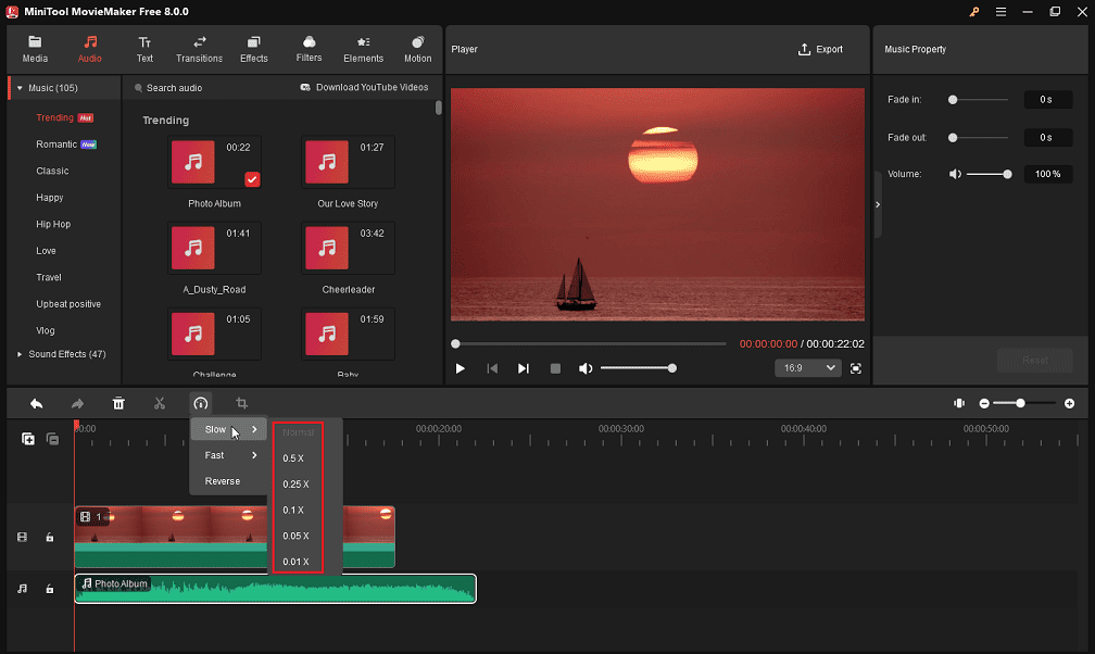 Slow down audio in MiniTool MovieMaker