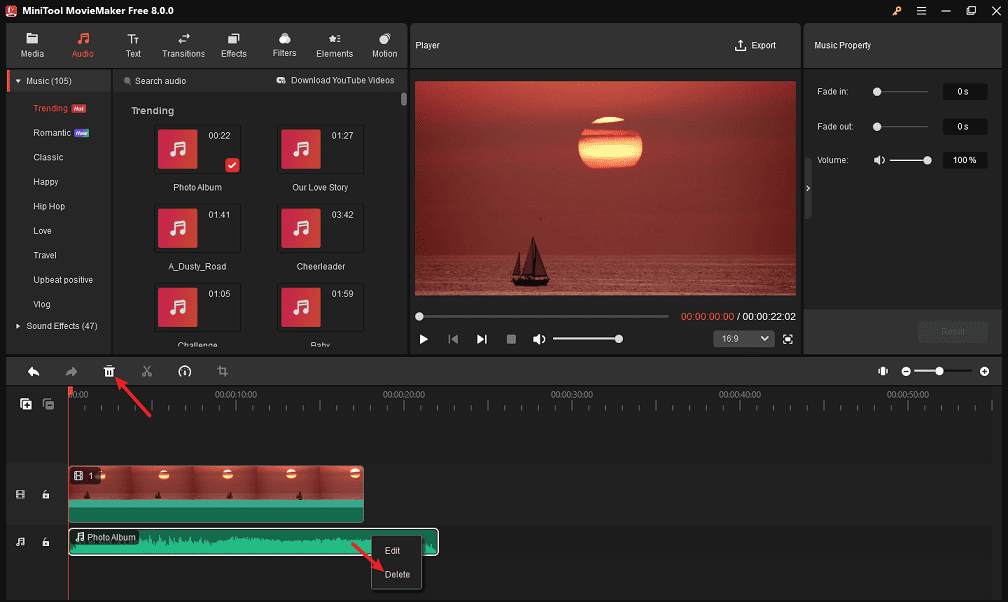 Delete audio in MiniTool MovieMaker