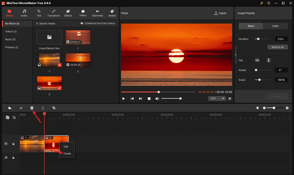 Delete a photo from the timeline in MiniTool MovieMaker