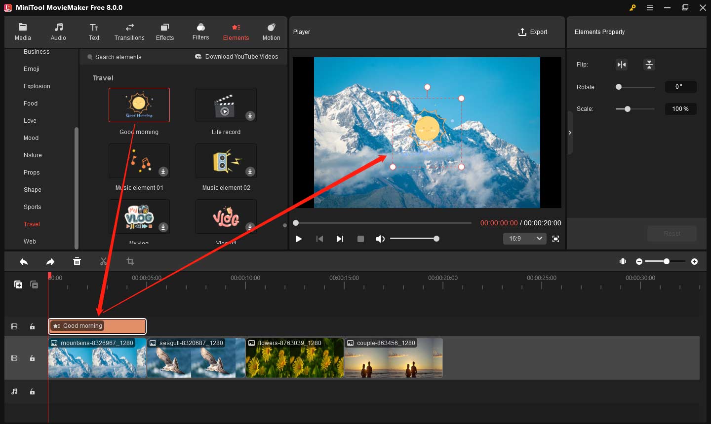 Add an element to a video in MiniTool MovieMaker