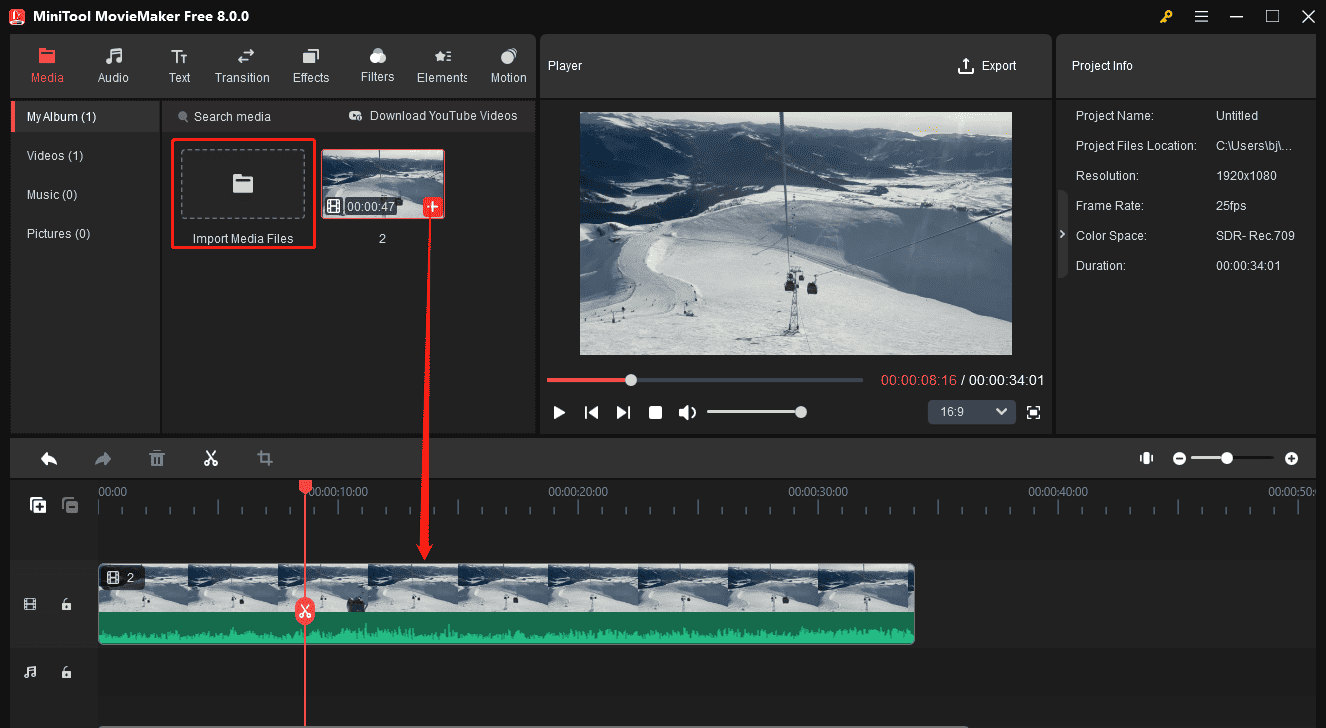 Haga clic en el icono + en el clip para agregarlo a la línea de tiempo en MiniTool MovieMaker