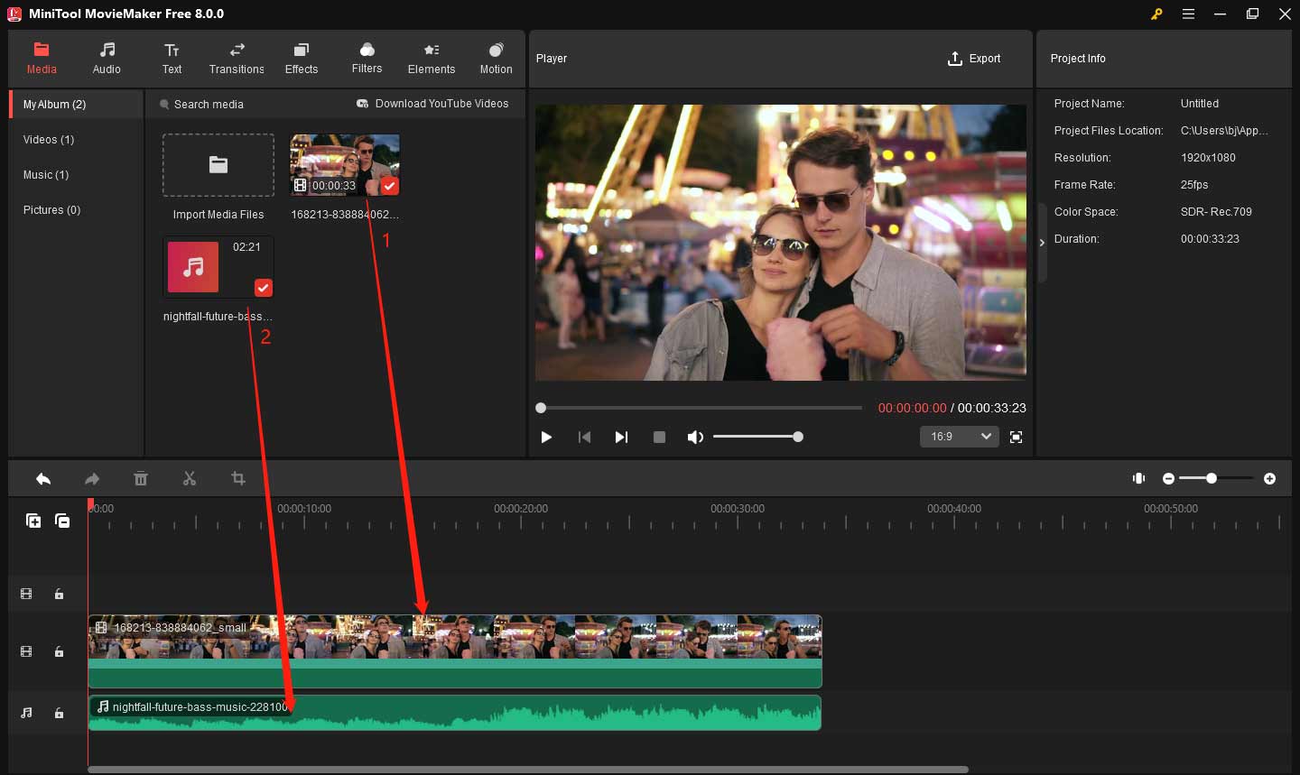 Drag and drop the video and the Flac audio to the timeline in MiniTool MovieMaker