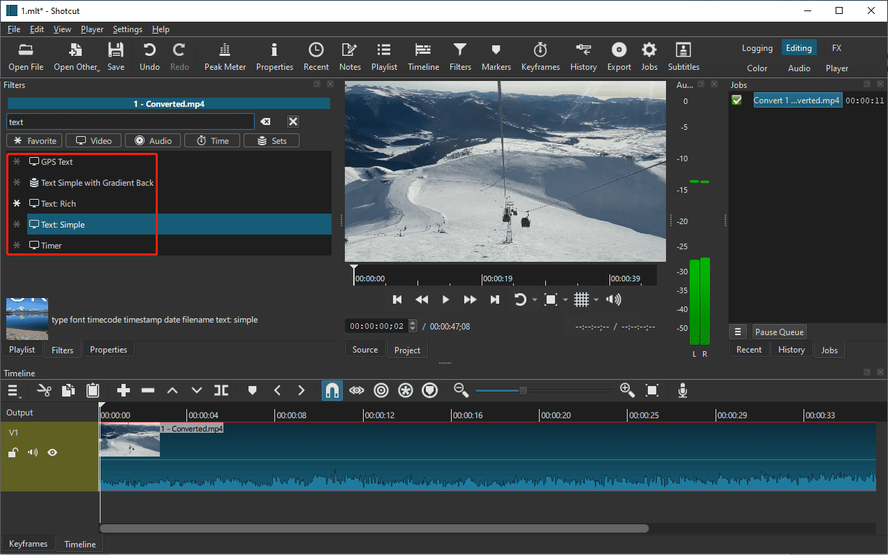 Select and add a text overlay to a video in Shotcut