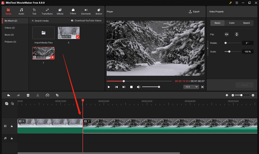 Add imported videos to the timeline in MiniTool MovieMaker