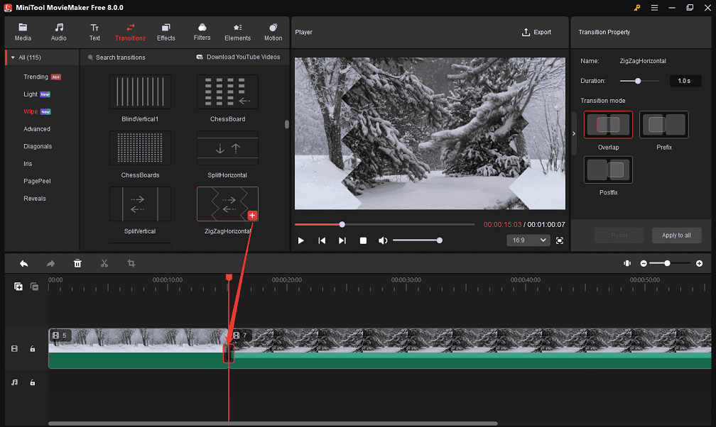 Add transitions in MiniTool MovieMaker