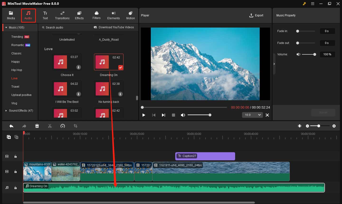 Add music to video in MiniTool MovieMaker