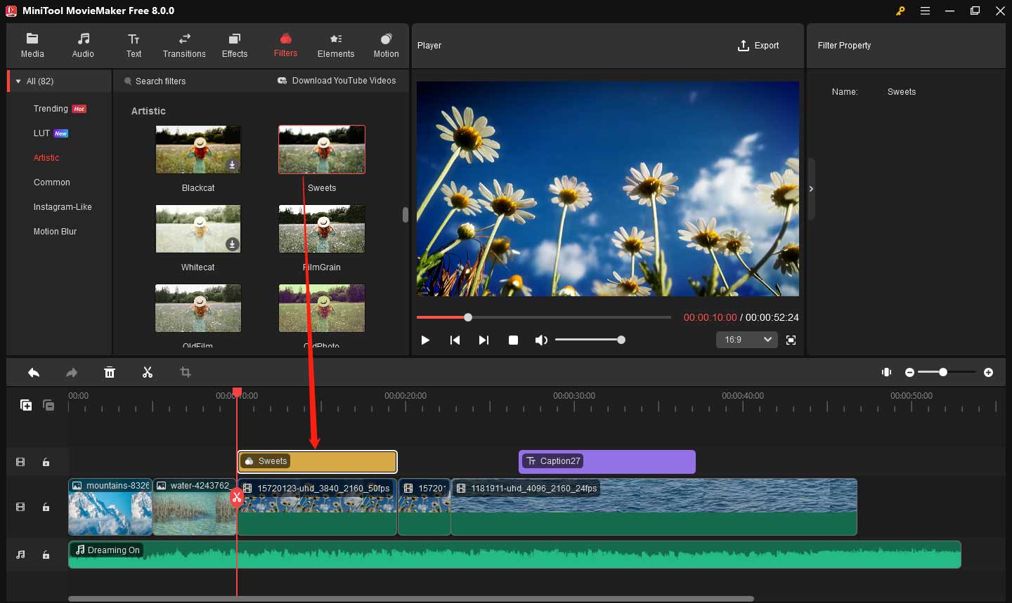 Add a filter to video in MiniTool MovieMaker