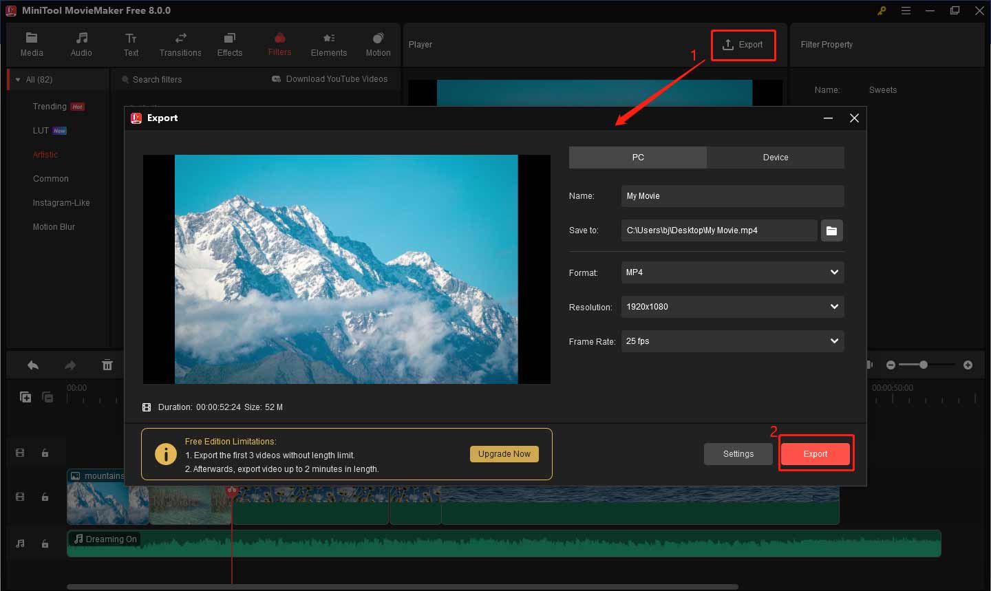 Export the video from MiniTool MovieMaker