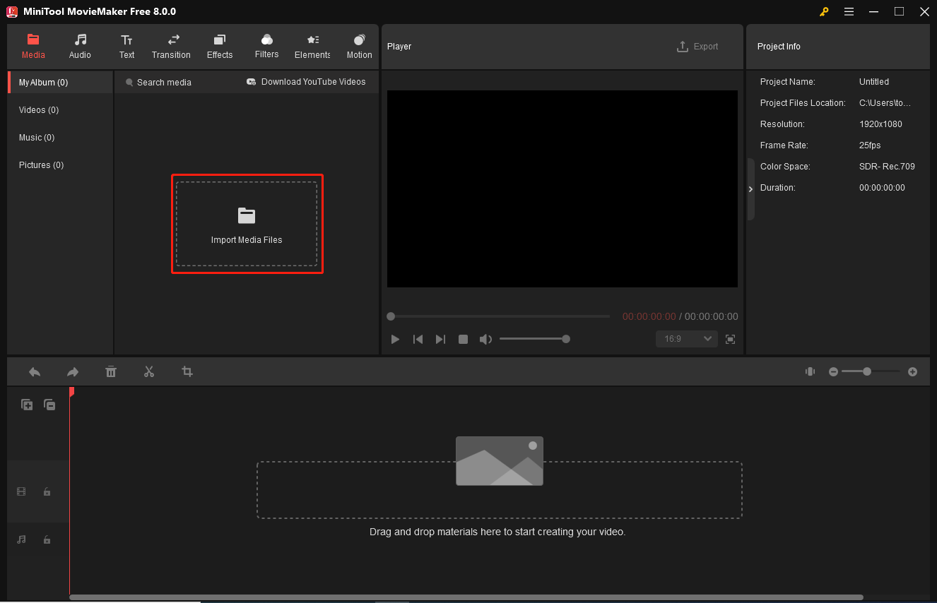 MiniTool MovieMakerで「Import Media Files」をクリックして画面録画をインポート