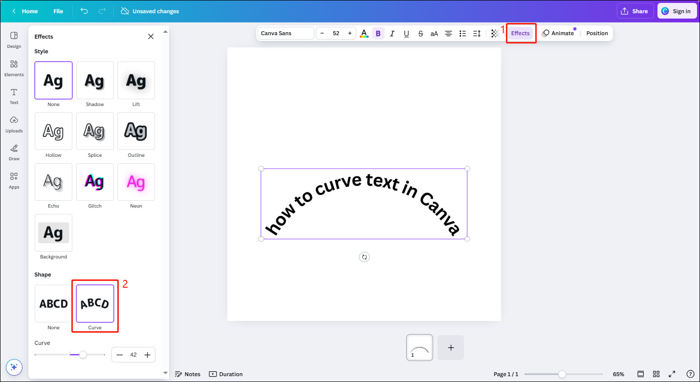 Apply the curve effect to create curved text in Canva