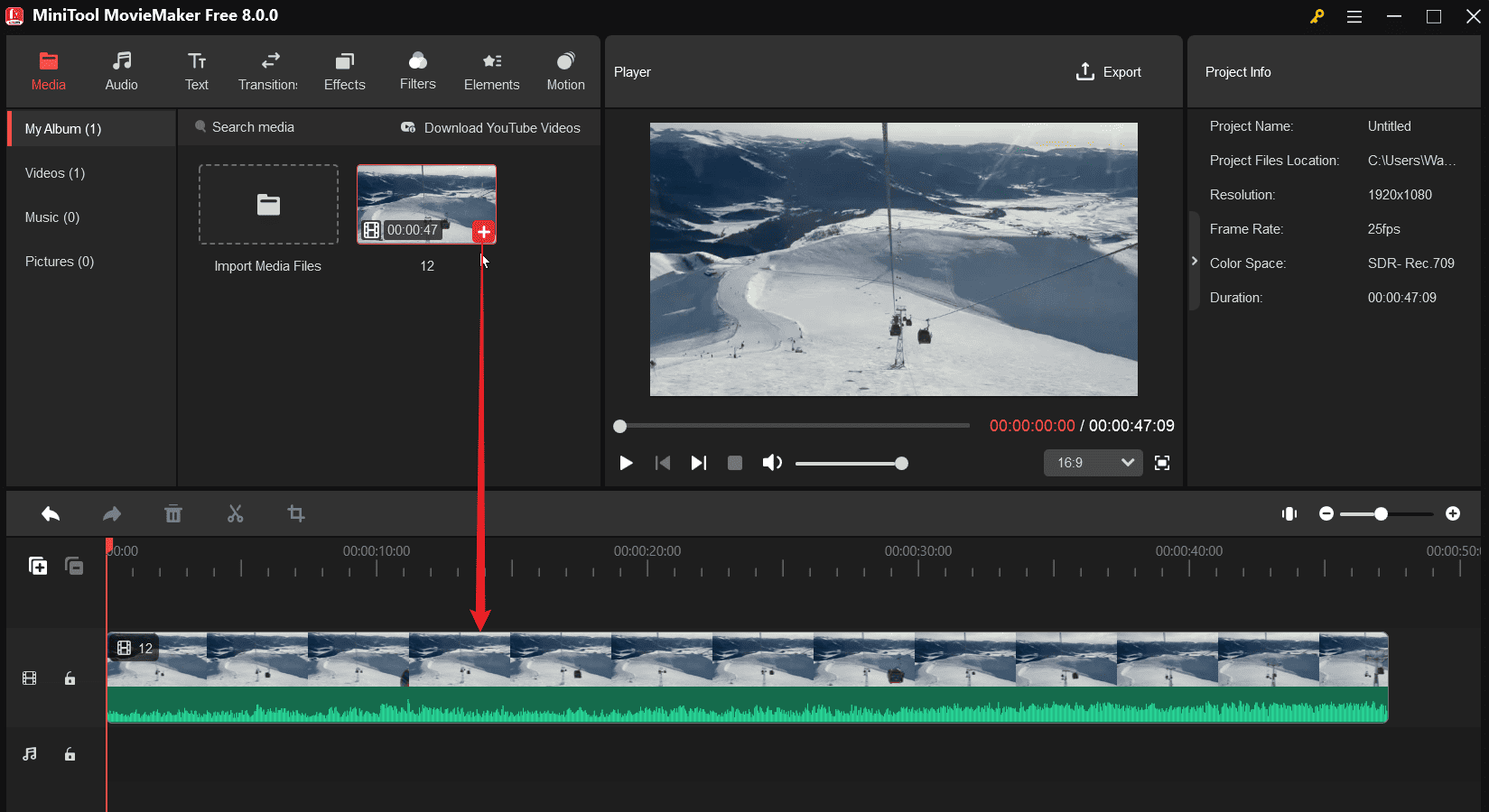 Click the + icon on the video to add it to the timeline in MiniTool MovieMaker