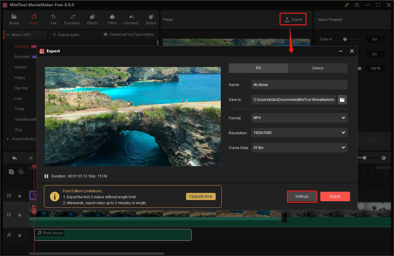 MiniTool MovieMakerで「Export」ボタンをクリックして動画をエクスポート