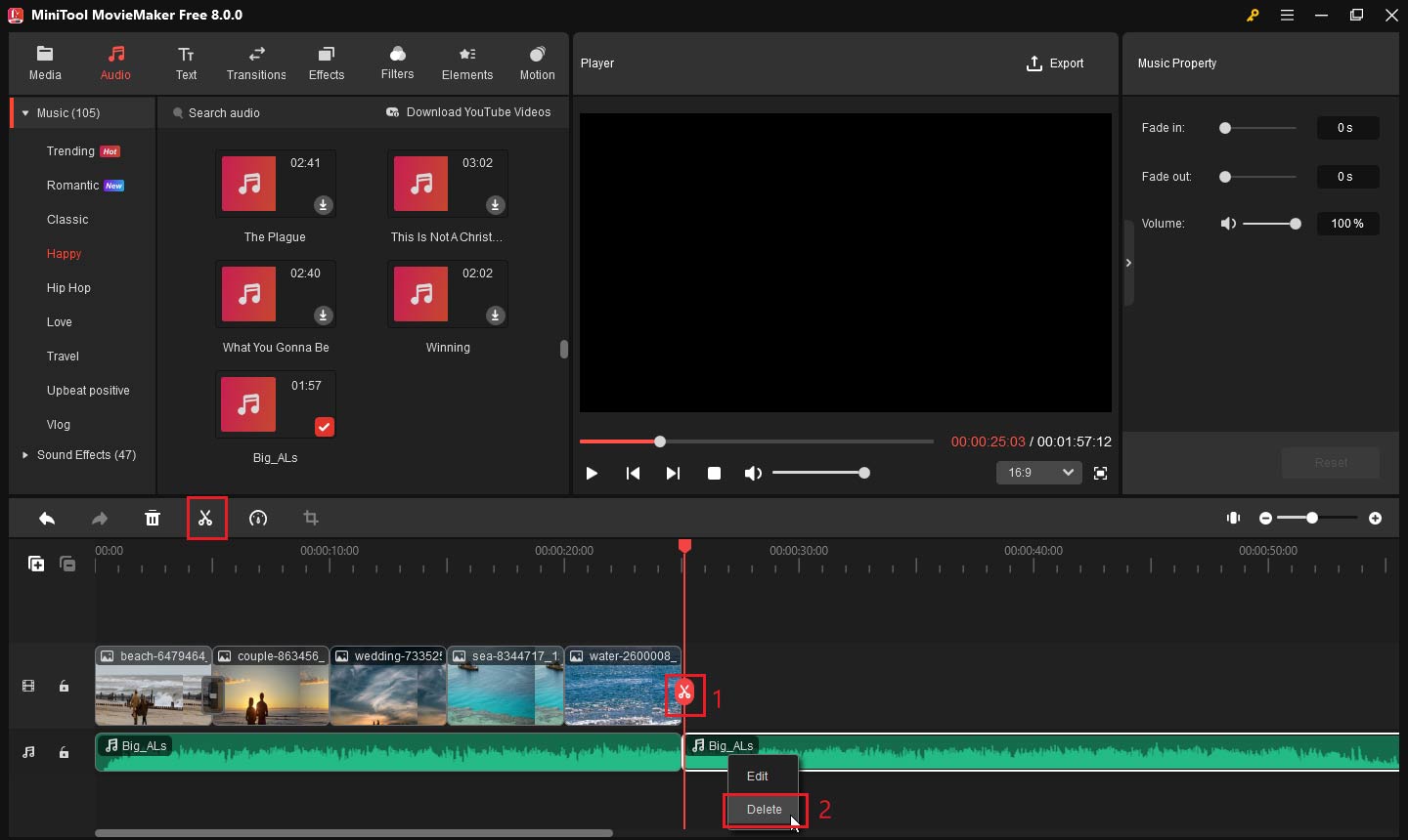 Remove the unwanted audio clip to meet the slideshow length in MiniTool MovieMaker