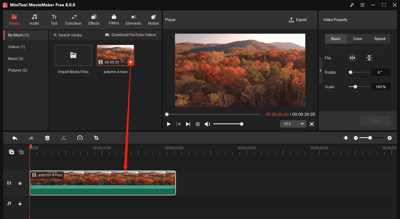 Click the + icon on the video to add it to the timeline in MiniTool MovieMaker