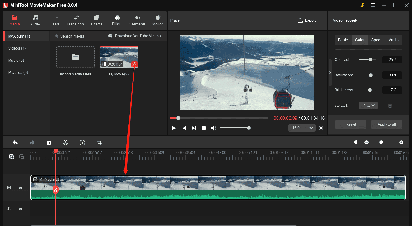 Click the + icon on the clip to add it to the timeline in MiniTool MovieMaker