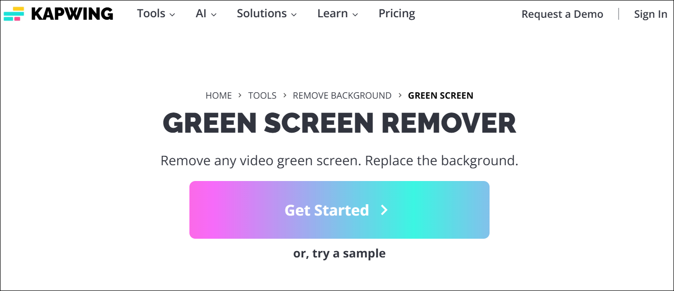 The interface of Kapwing’s green screen remover