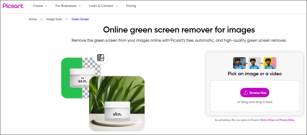 The interface of Picsart’s green screen remover