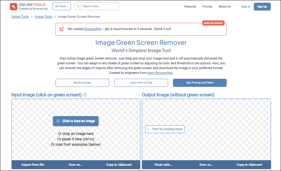 The interface of Onlinetools’ green screen remover