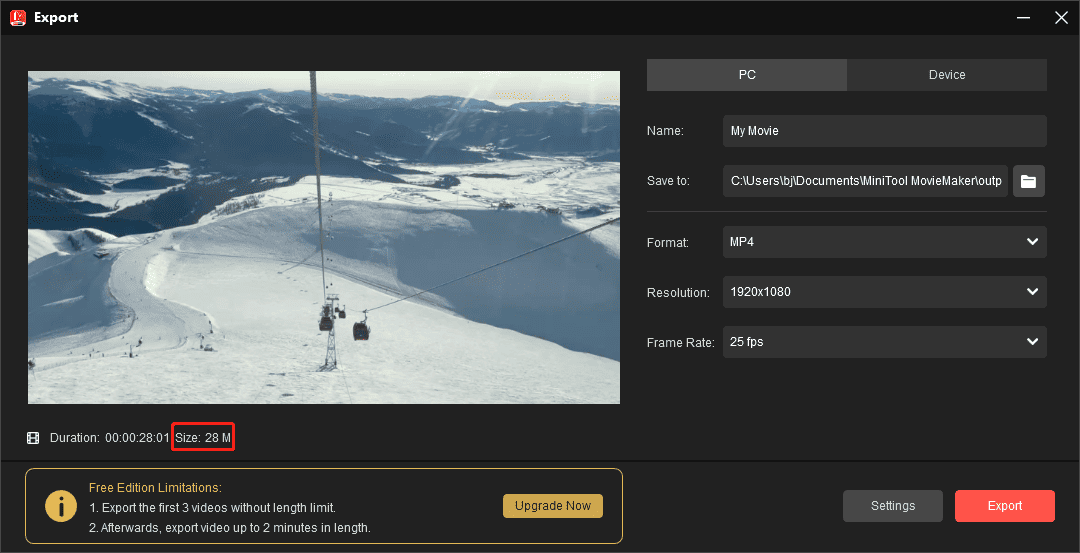 Check the estimated file size in MiniTool MovieMaker