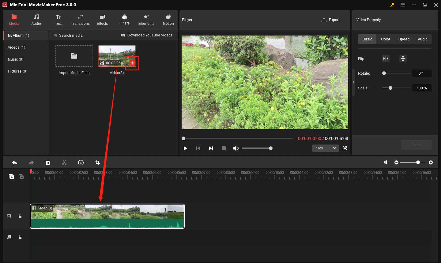 Add the video file to the timeline in MiniTool MovieMaker