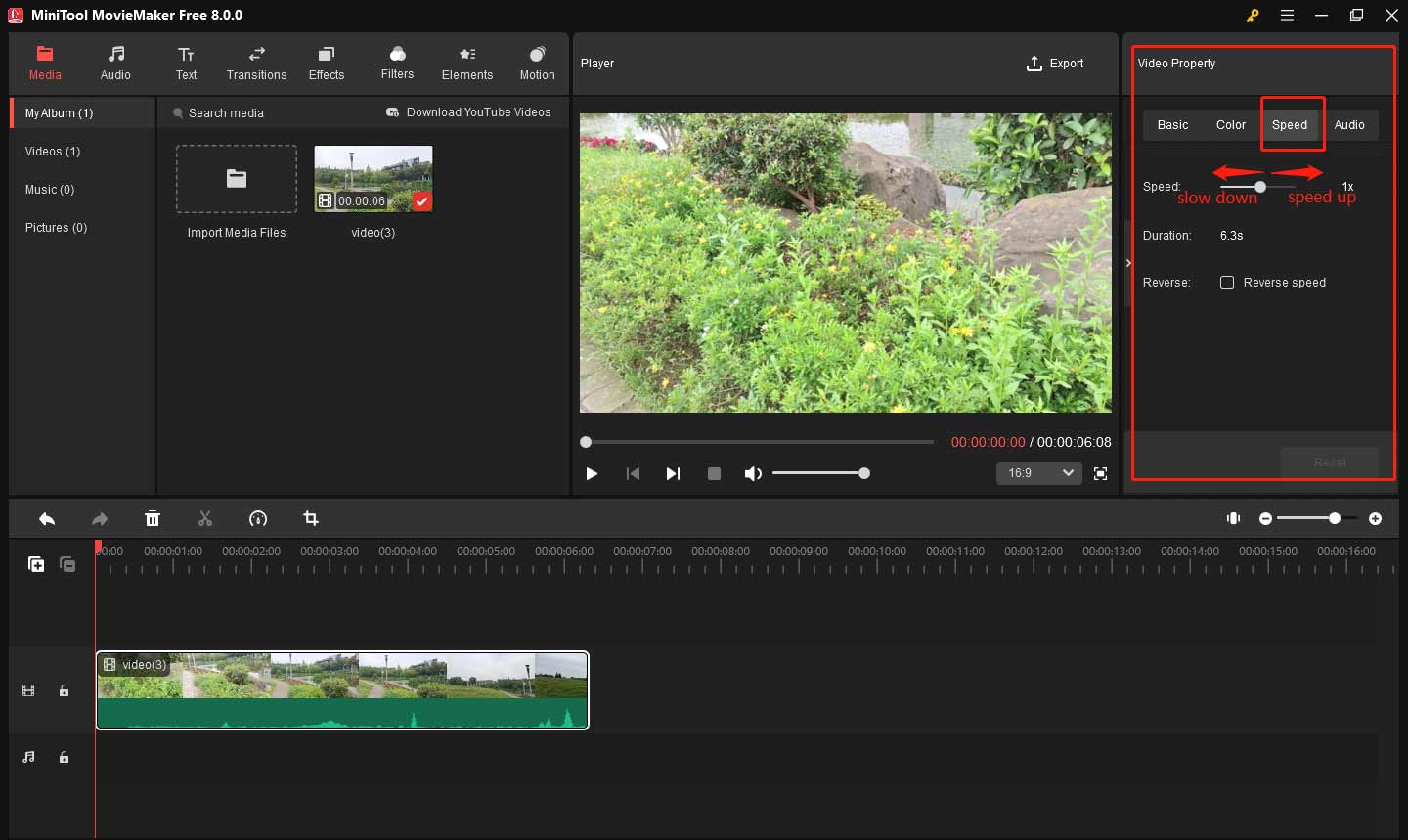 Change the video speed by the video property window in MiniTool MovieMaker