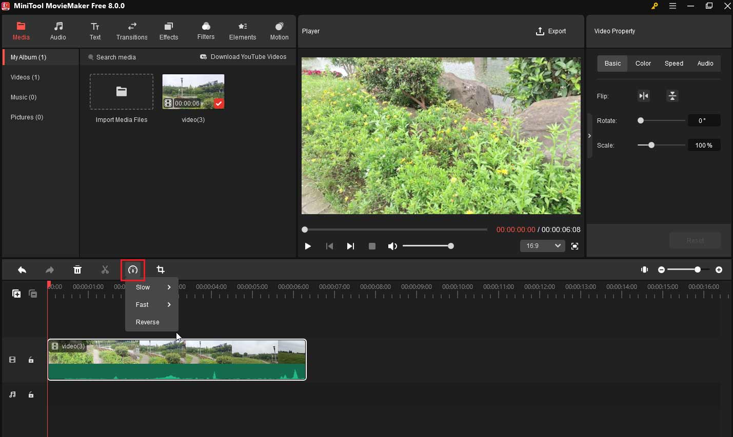 Change the video speed by the timeline toolbar in MiniTool MovieMaker