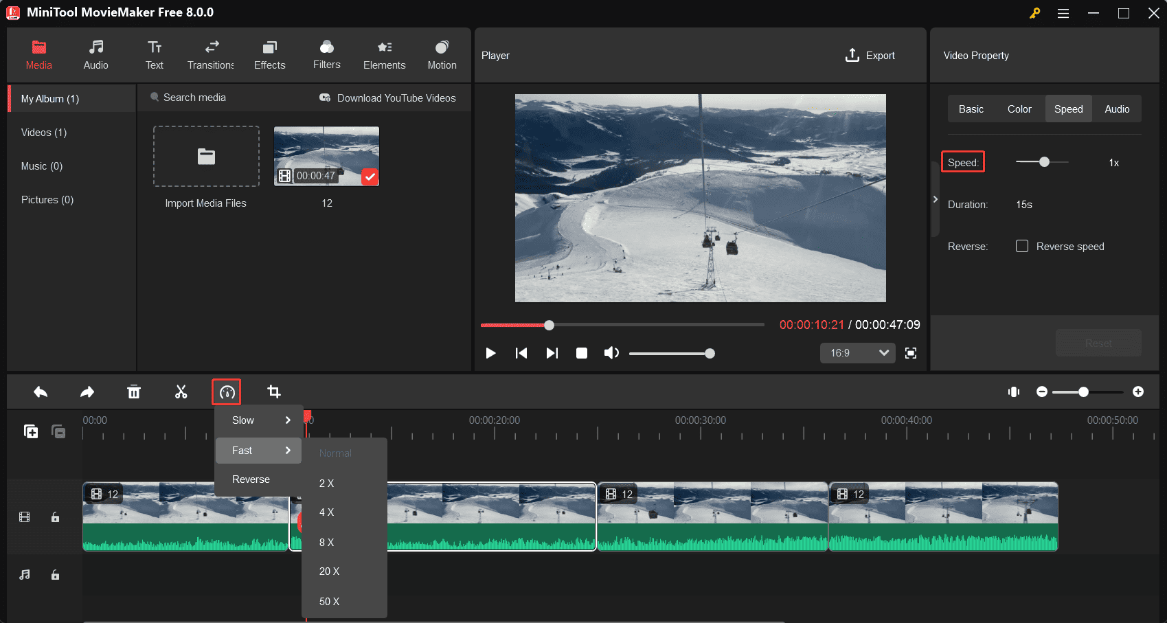 Speed up a video clip in MiniTool MovieMaker