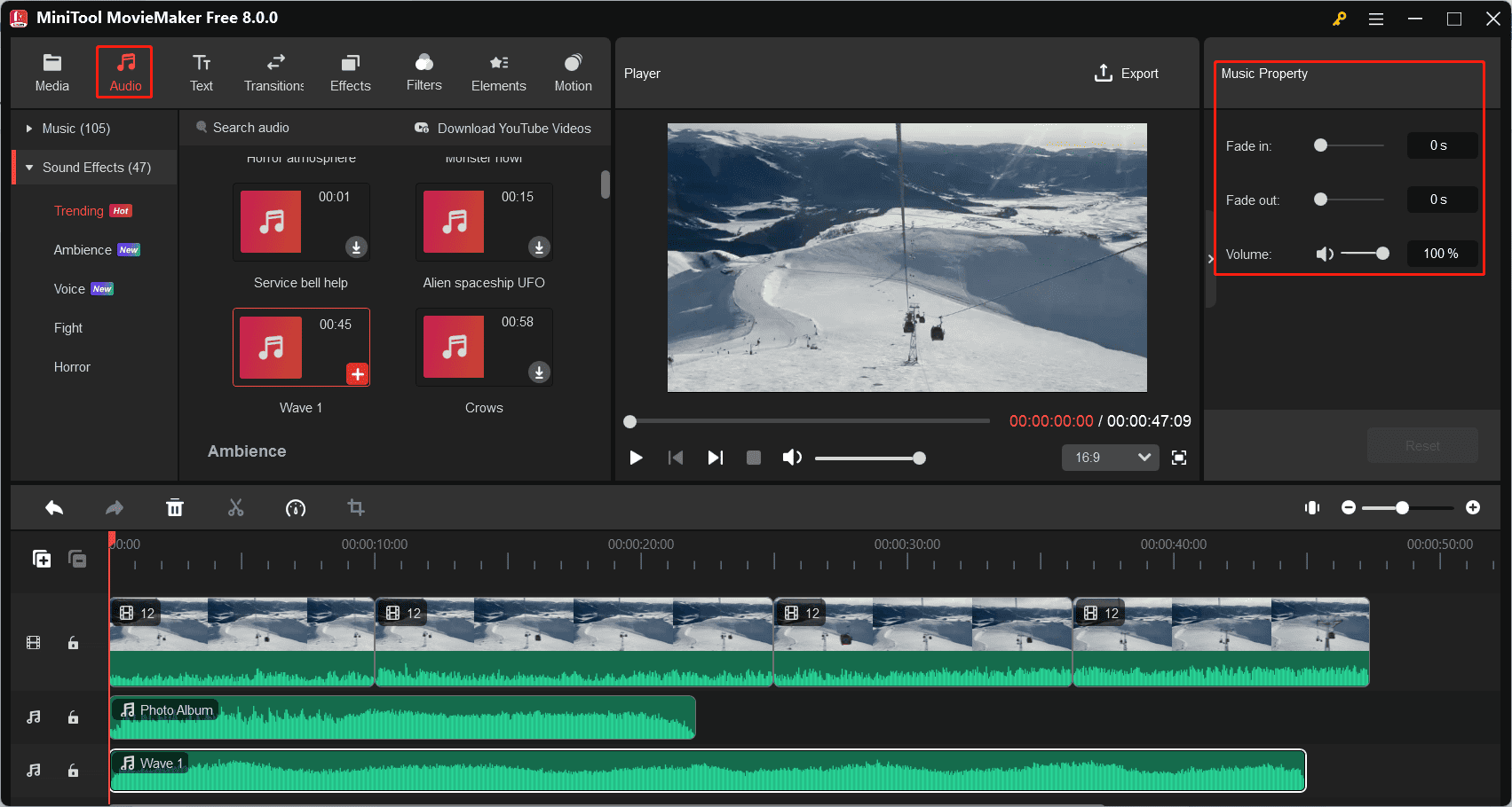 Add and edit music or sound effects in MiniTool MovieMaker