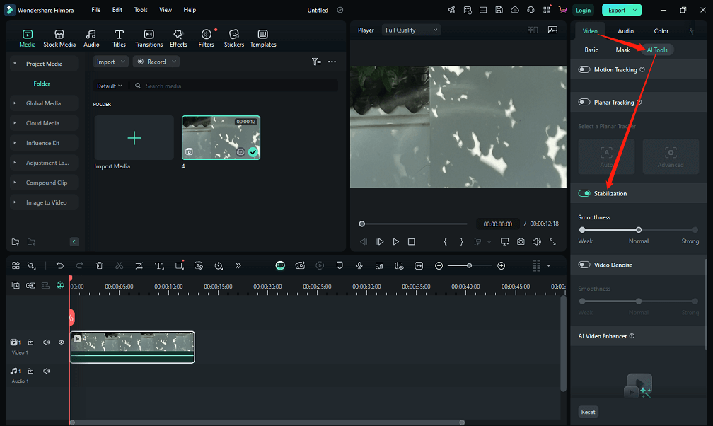Enable the Stabilization option in Filmora