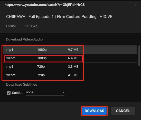 Choisissez le format WebM et téléchargez votre vidéo