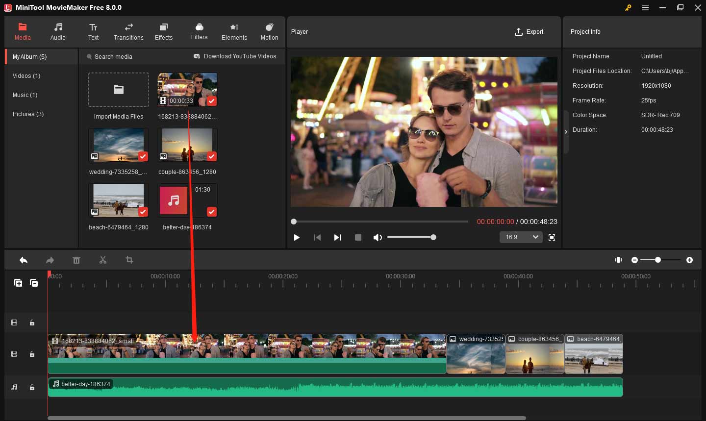 Add media files to the timeline in MiniTool MovieMaker