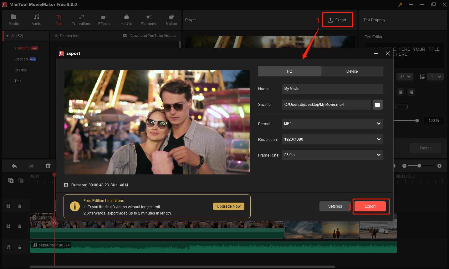 Export the media file in MiniTool MovieMaker