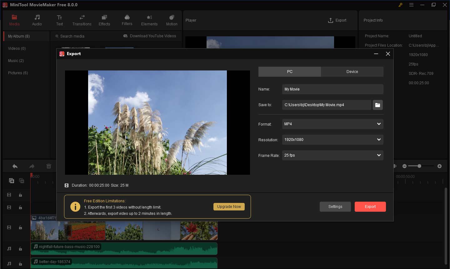 Export the video from MiniTool MovieMaker