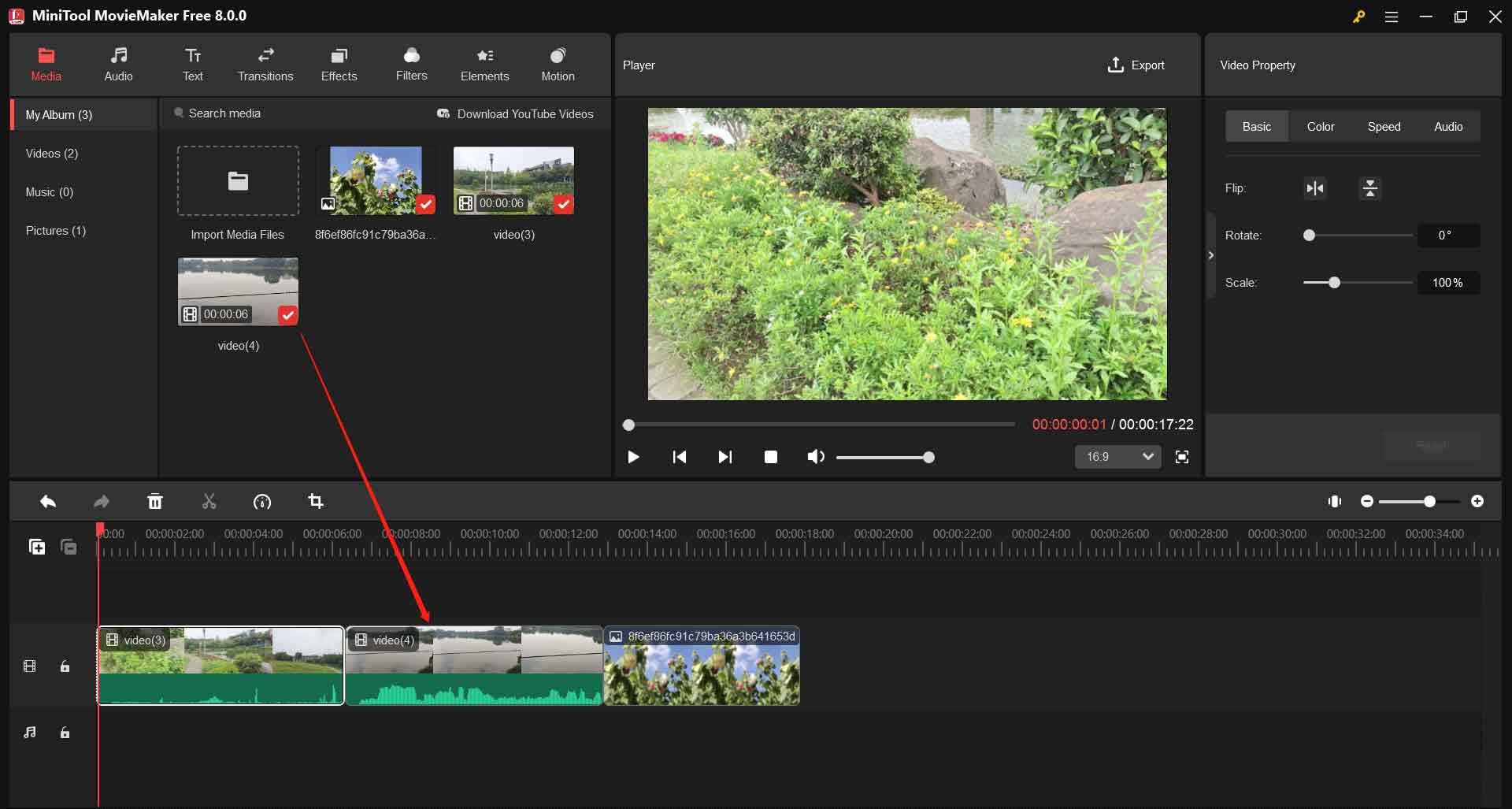 Drag files onto the timeline of MiniTool MovieMaker