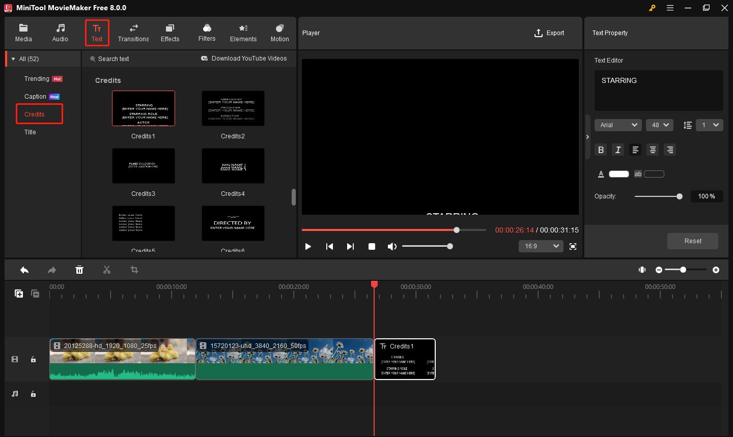 Add a credit template in MiniTool MovieMaker