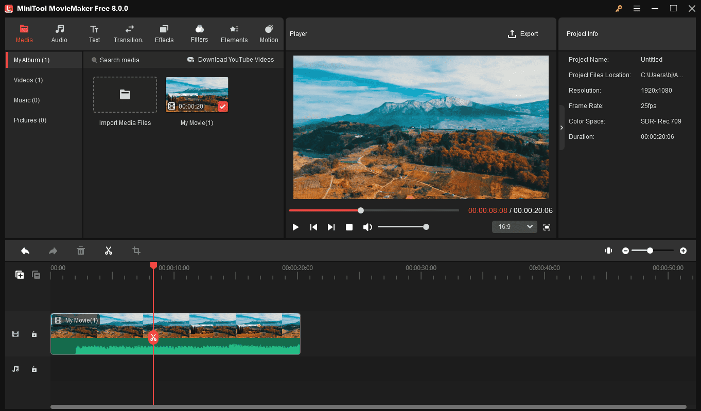 The main user interface of MiniTool MovieMaker