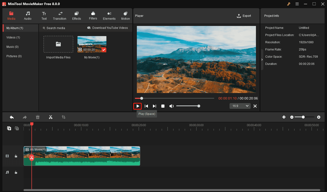 Click the Play button to view MPG files in MiniTool MovieMaker