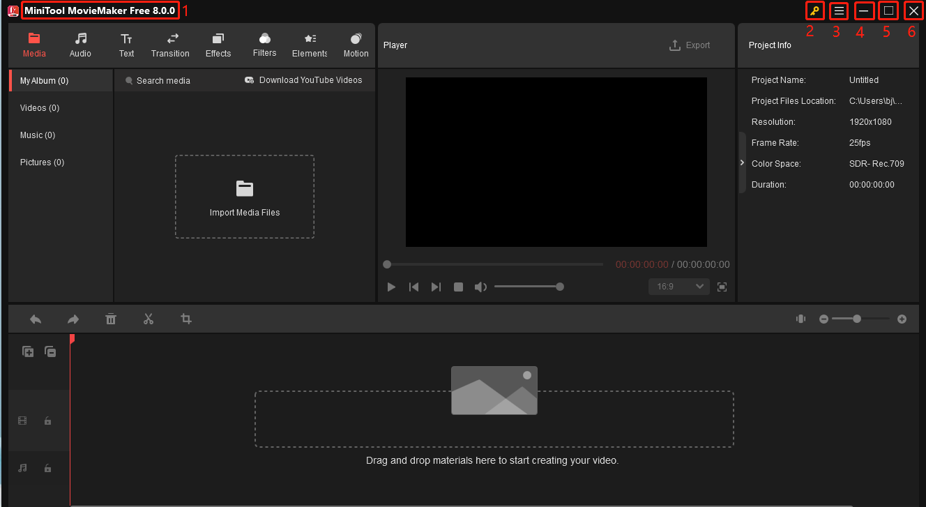 MiniTool MovieMaker top menu bar