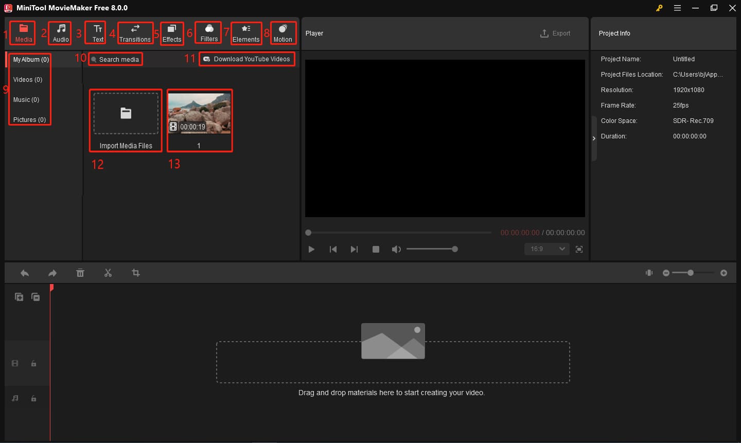 Resource and effects section of MiniTool MovieMaker