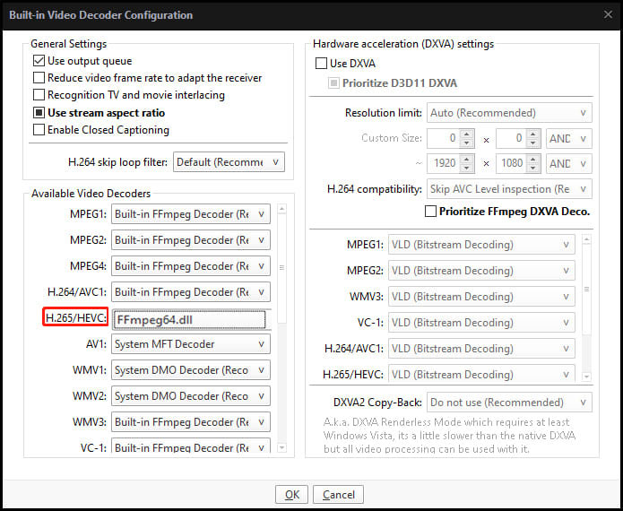 Set H.265/HEVC to FFmpeg64.dll